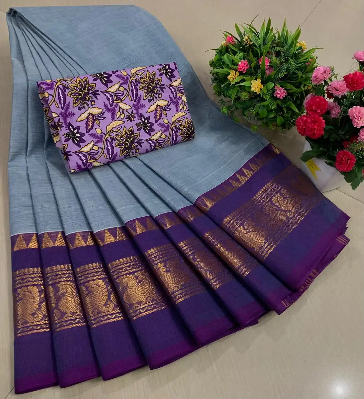 Grey Purple Contrast Zari Border Floral  Pure Cotton Saree